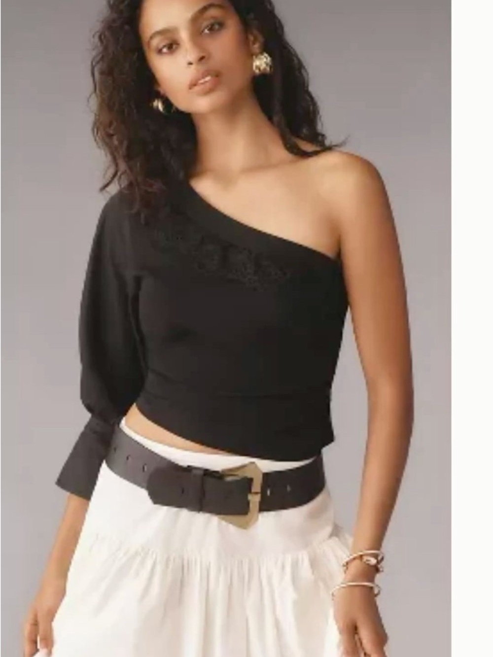 NWT By Anthropologie One-Shoulder Black Puff Sleeve Top Women’s Medium